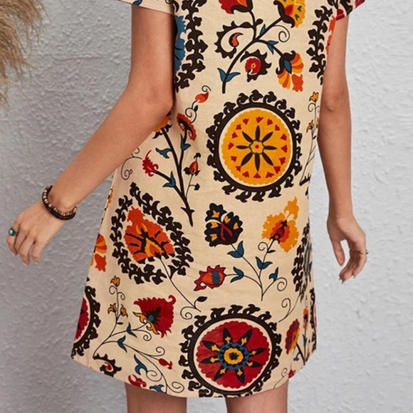 Retro Print Mini Dress Bohemian Printed Dress - Picture 2 of 7